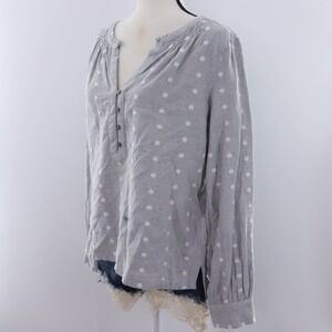 LOFT Gray White Polka Dot Smocked Neck Henley Long Sleeve Blouse Top Women Small